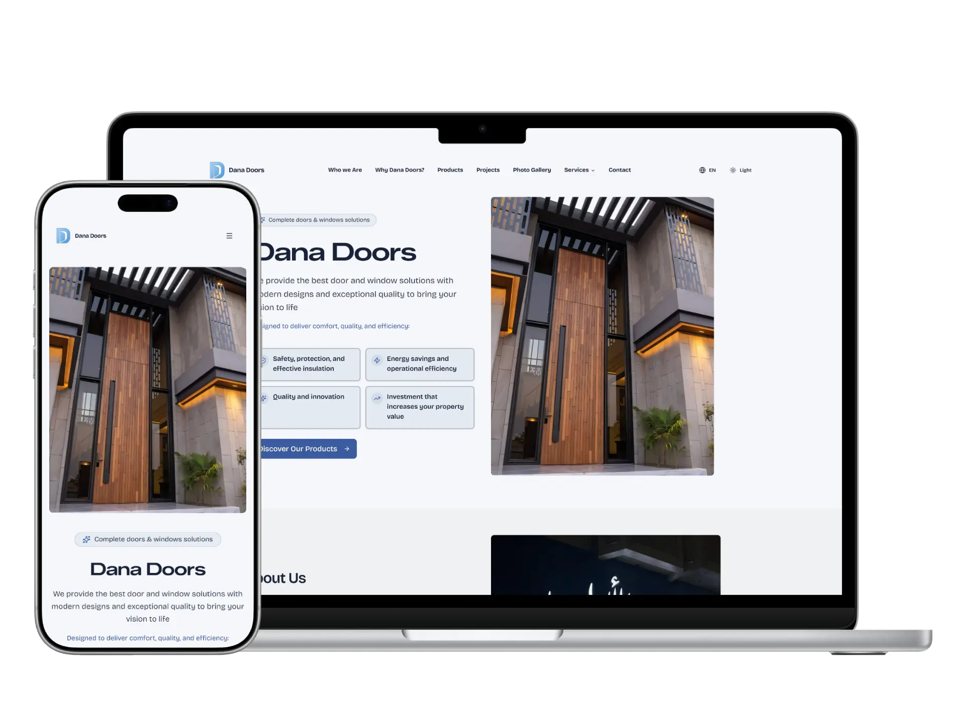 Homepage preview for Dana Doors bilingual product catalog website.