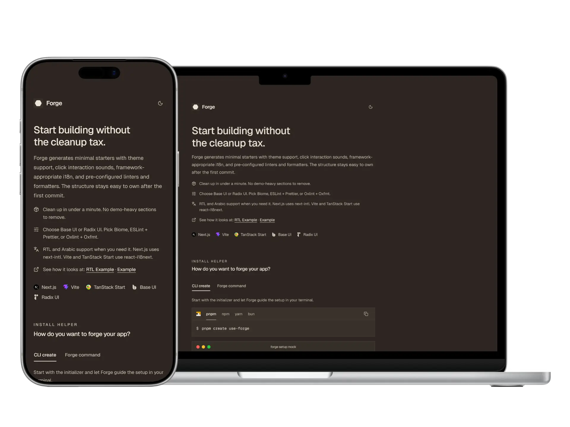 Marketing site preview for the Forge React starter generator.